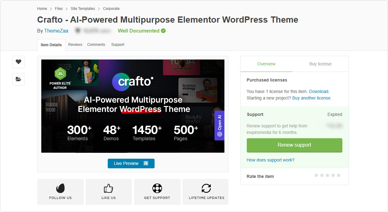 Extend / Renew Item Support Period – Crafto Documentation